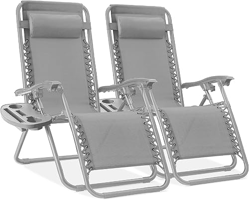 Best Choice Products Juego de 2 sillas reclinables ajustables de malla de acero con gravedad cero con almohadas y bandejas portavasos, color gris