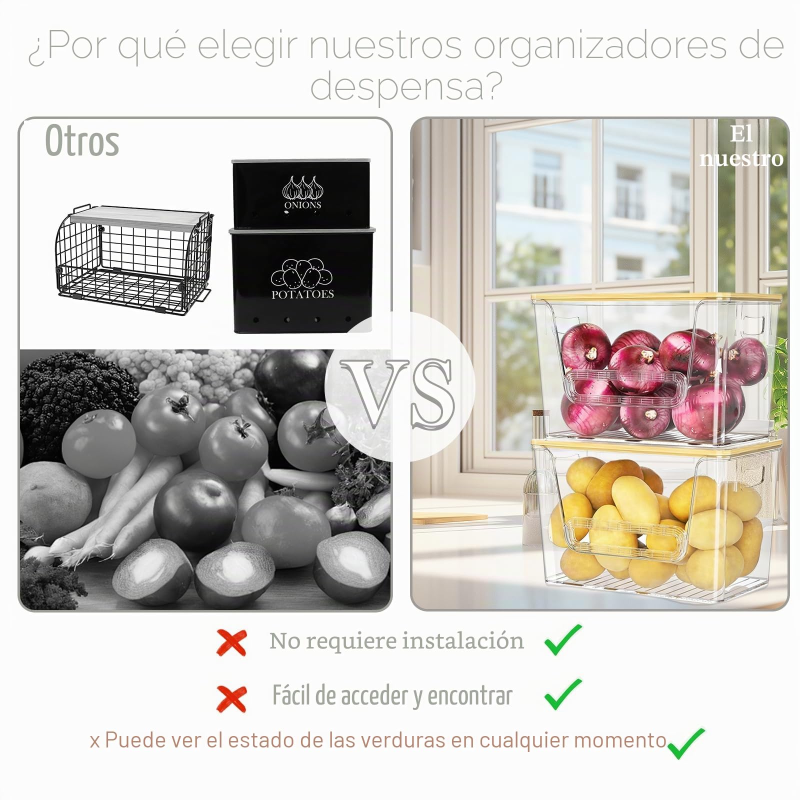 Caja Para Guardar Patatas Y Cebollas Y Ajos Apilable 2 Artículos , Caja Para Guardar Con Tapa Diseño Transparente - Vea Fácilmente El Estado De Sus Verduras