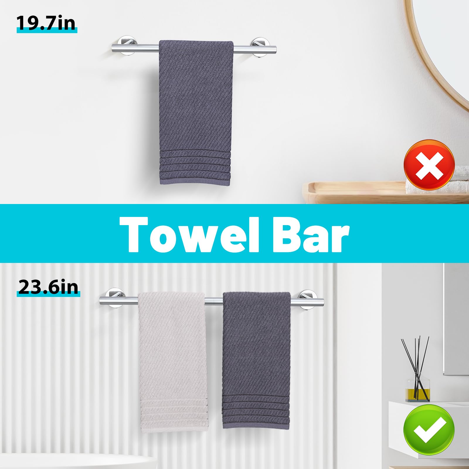 Set di accessori da bagno cromati, 6 pezzi porta asciugamani include barra portasciugamani da 19,68/59,9 cm, porta carta igienica, anello per asciugamani e gancio per asciugamani da parete set di