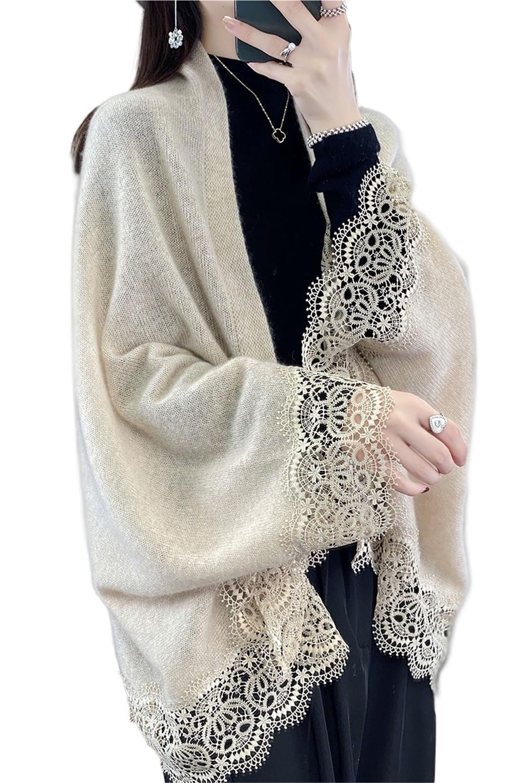 Scialle Donna Scialle Lavorato a Maglia in Lana con Bordo in Pizzo Primavera Autunno Cardigan Sottile da Donna Morbido, Delicato sulla Pelle, Traspirante e alla Moda(Brown)