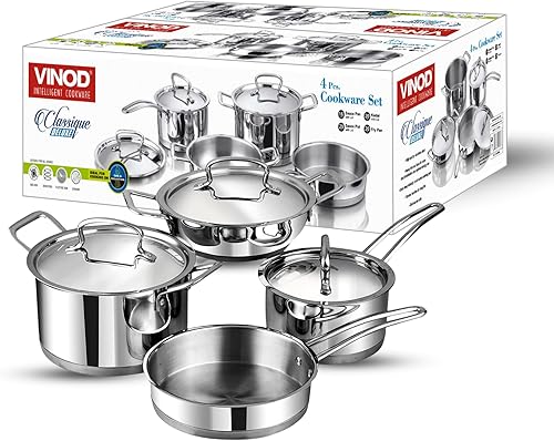 Miniatura 9 de Vinod Classic Deluxe - Juego de 4 utensilios de cocina de acero inoxidable, cacerola, cacerola, Kadai y sarténKadhai profundo para cocinarfondo de