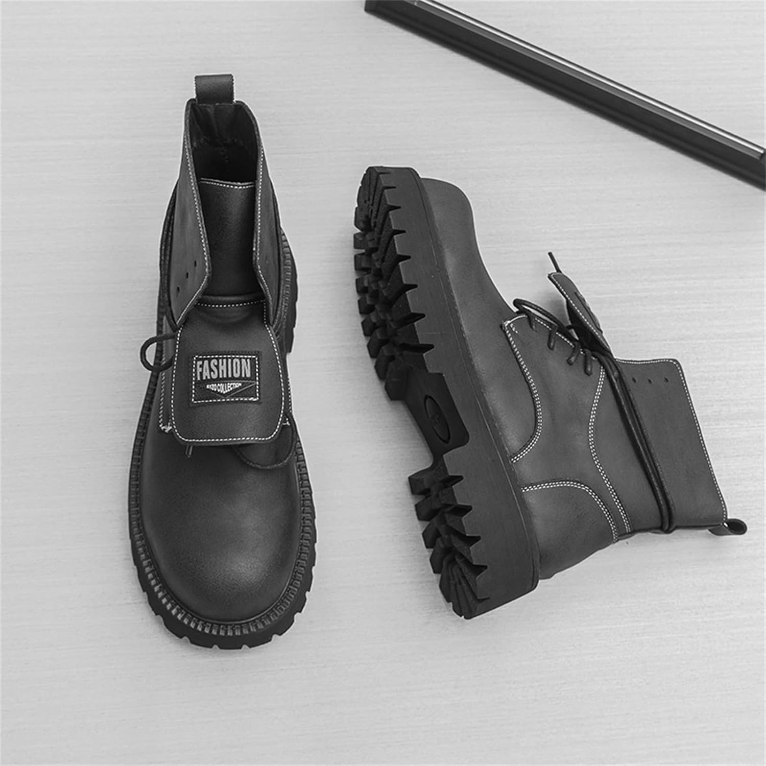 Men's Black Leather Lace-Up High Top Platform Derby Boots Casual Autumn Winter Non-Slip Chunky Lug Heel Round Toe Ankle Boots for Daily Commute Business Work Office