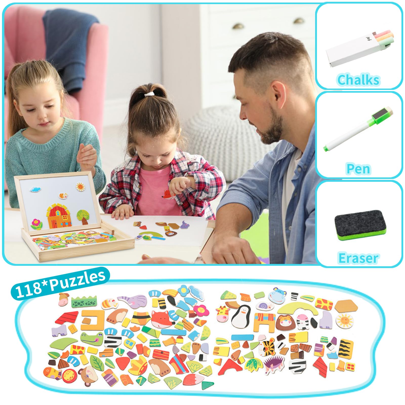 Magnetyczne Puzzle z Drewna oraz Tablica do Rysowania