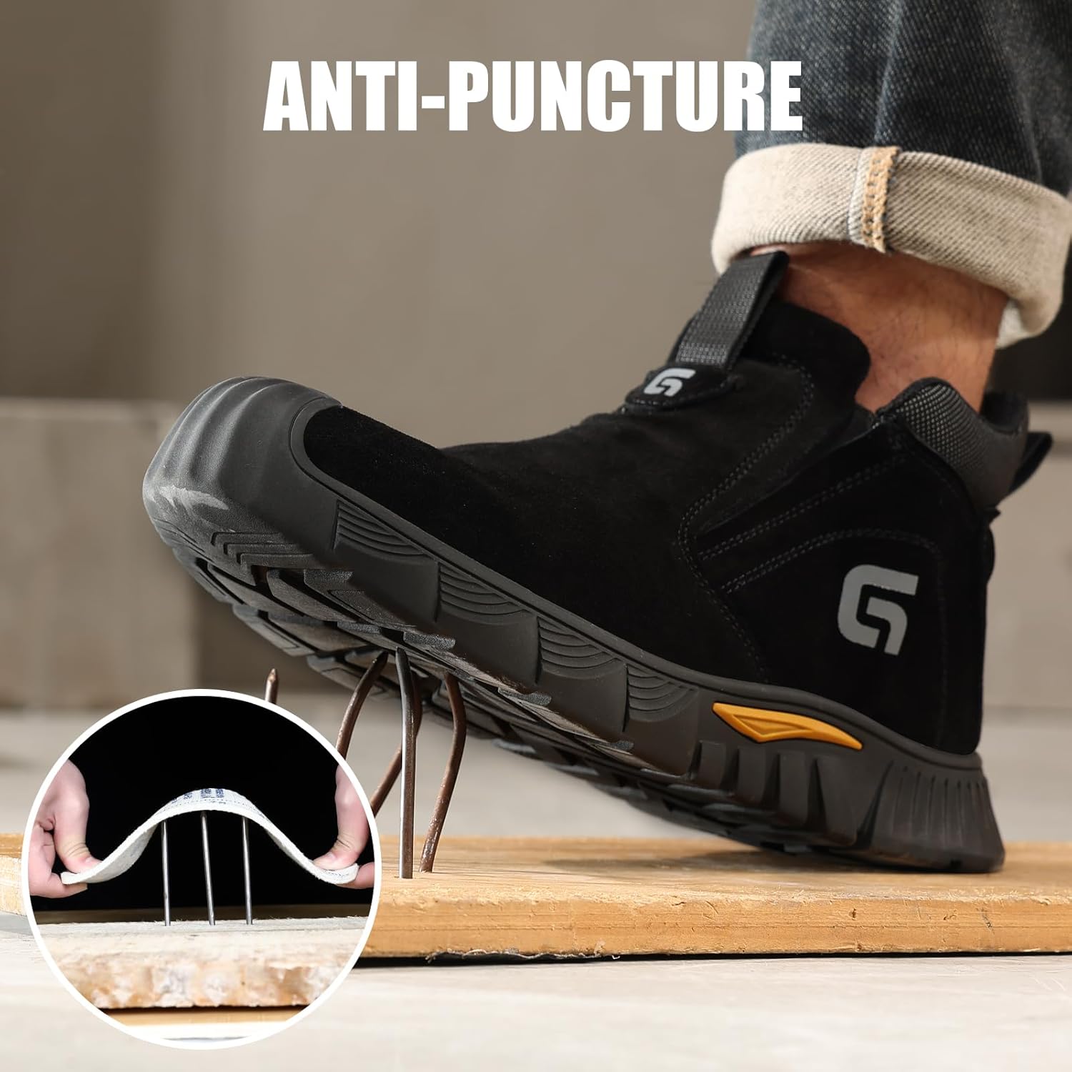 GLANOUDUN Mid Top Steel Toe Shoes Slip On Safety Toe Work Shoes for Men Spark-Resistant Suede Upper, Puncture Resistant Midsole, Laceless Black Protective Safety Footwear for Construction Welding