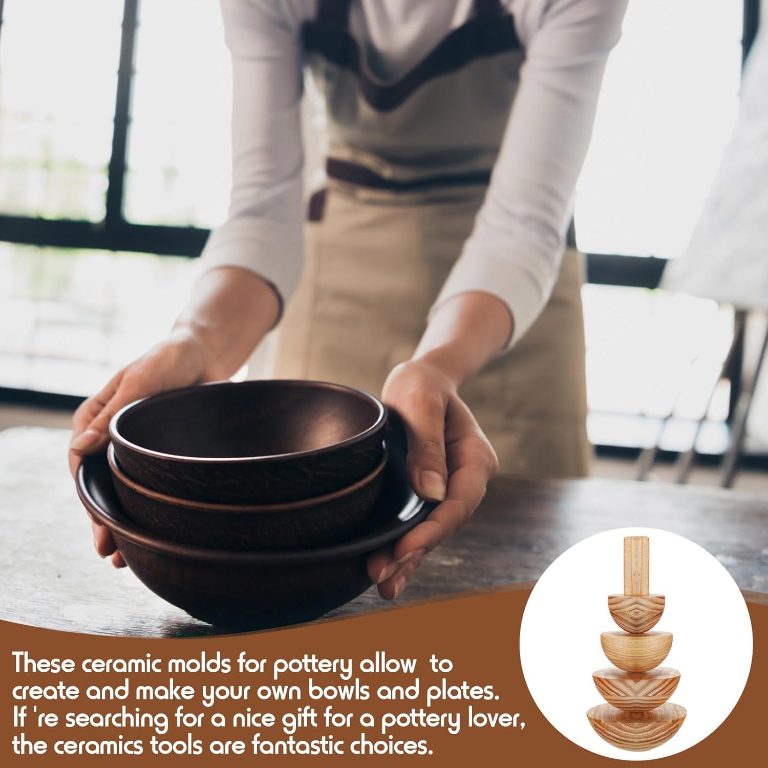 Doublefill 4 Pack Pottery Molds Plaster Molds Wood Pottery Tools with Handle for Ceramic Top Forms DIY Bowls Plate Dish Slump Press Art Making(Hemispherical,3.5'' 4.5'' 5.5'' 6.5'' Thickness 2.5'')