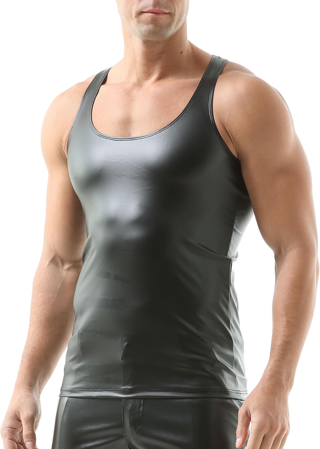 Mens Faux Leather Vest Undershirt Wet Look Sleeveless Tank Top Shirt PU Leather Undershirt - Image 2