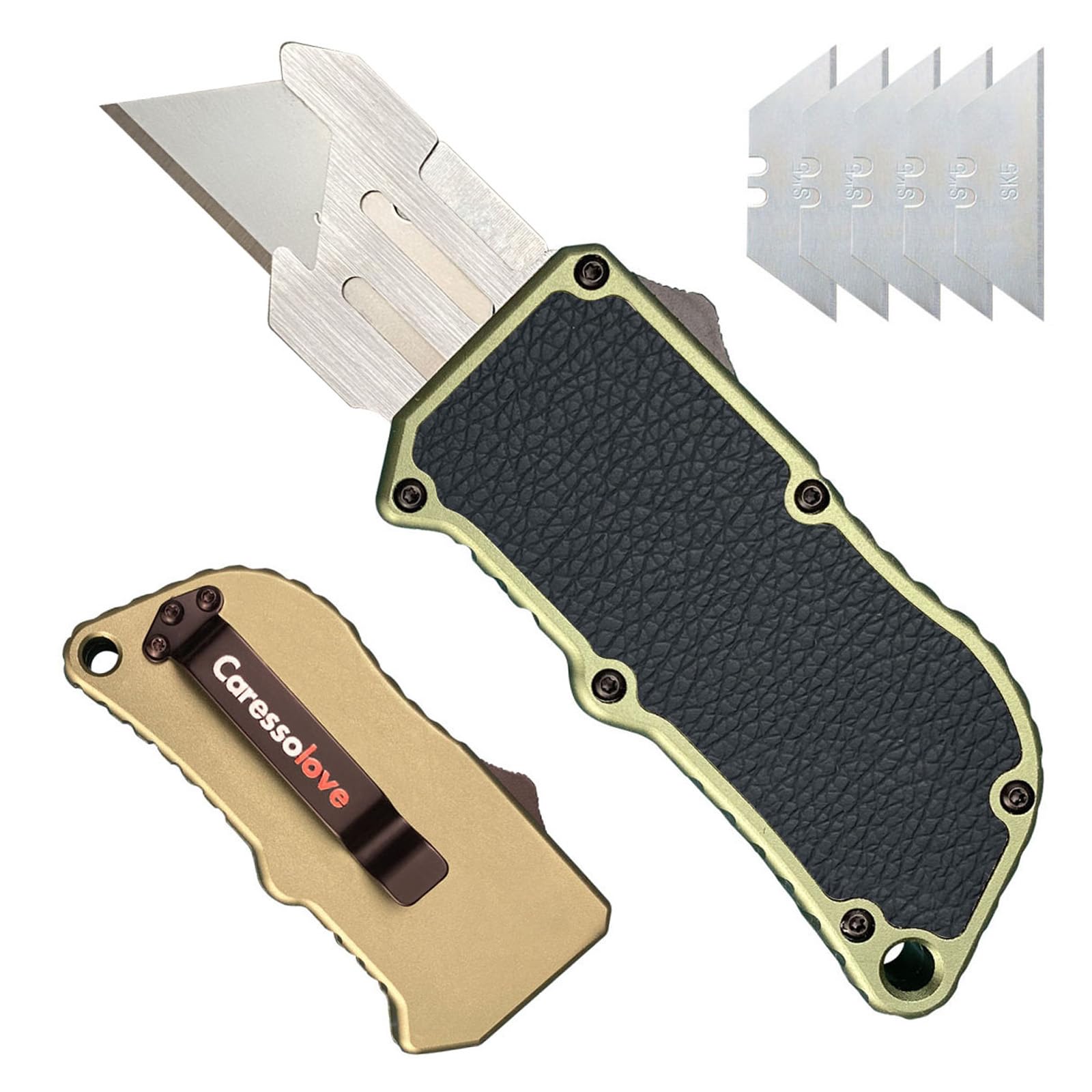 Caressolove Aviation Aluminum Box Cutter Pocket Knife, EDC Auto Utility Knife Retractable, Replaceable Razor Blade Double Action Automatic Boxcutters With Clip, With 5pcs Spare Blades (Green-leahter)