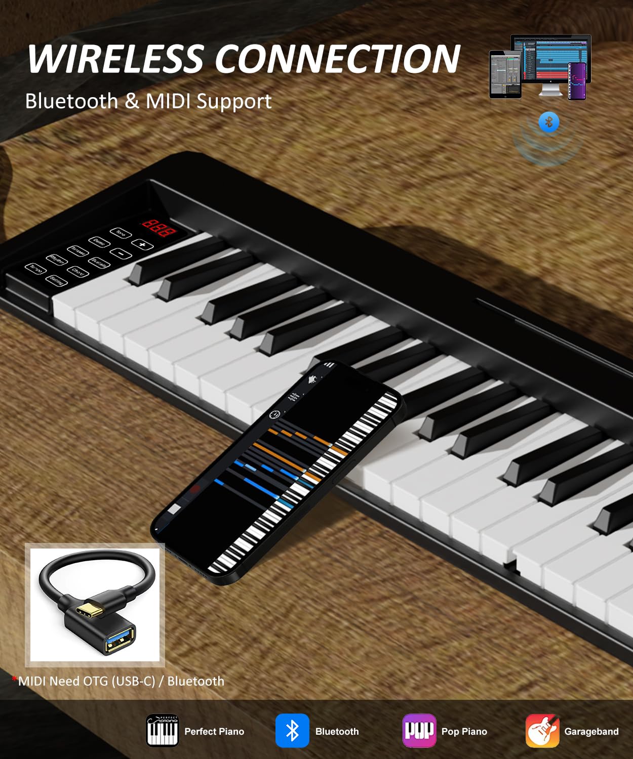 Finger Dance Klappbare Klaviertastatur mit 61 Tasten, Upgrand Holzimitat Tastatur Tragbares Klavier, Bluetooth & MIDI, Faltbares Keyboard Piano für Anfänger - Tiefschwarz