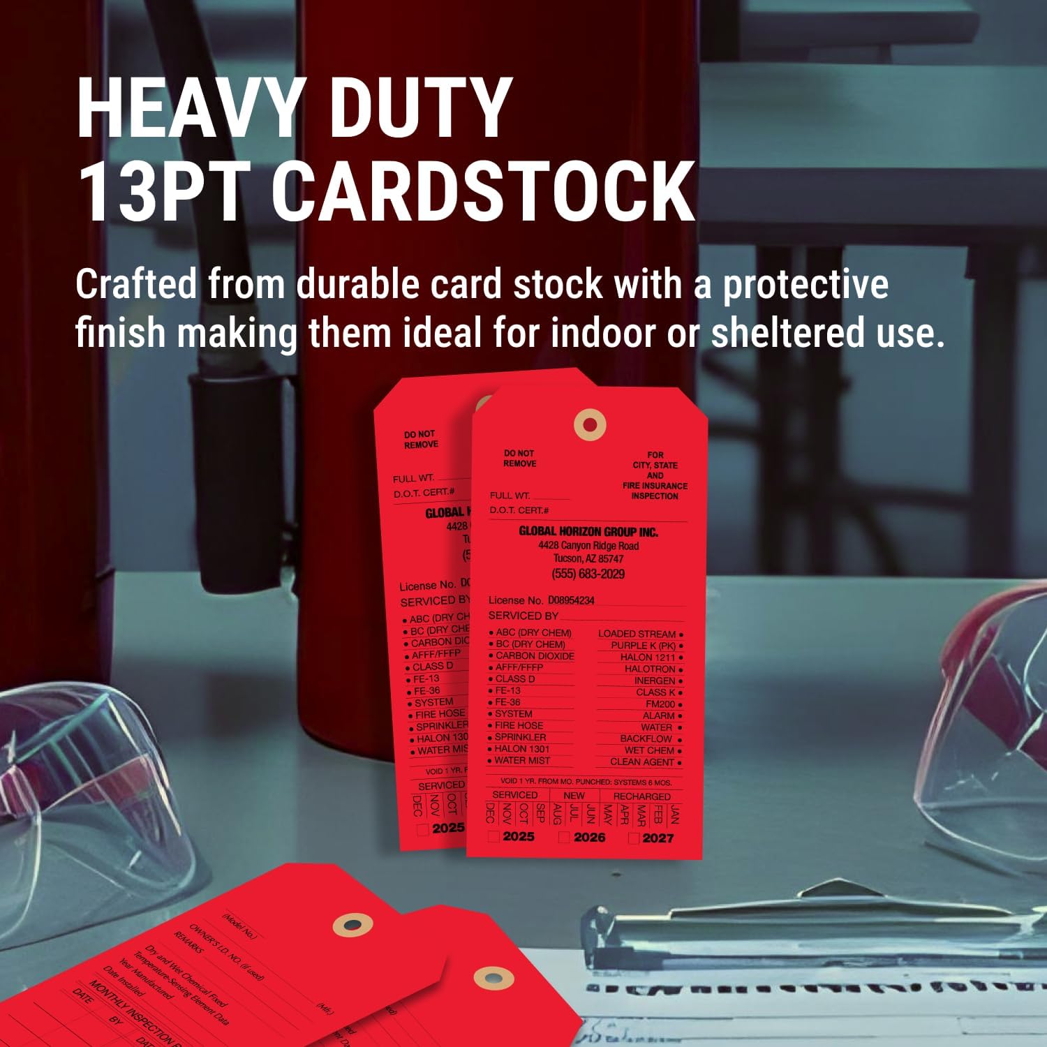 Tags 4 Less Custom Fire Extinguisher Tags – Preventative Maintenance Labels for Monthly Inspections, Alternative to Safety Sticker for Easy Record-Keeping – Pack of 100 (Red, Cardboard)