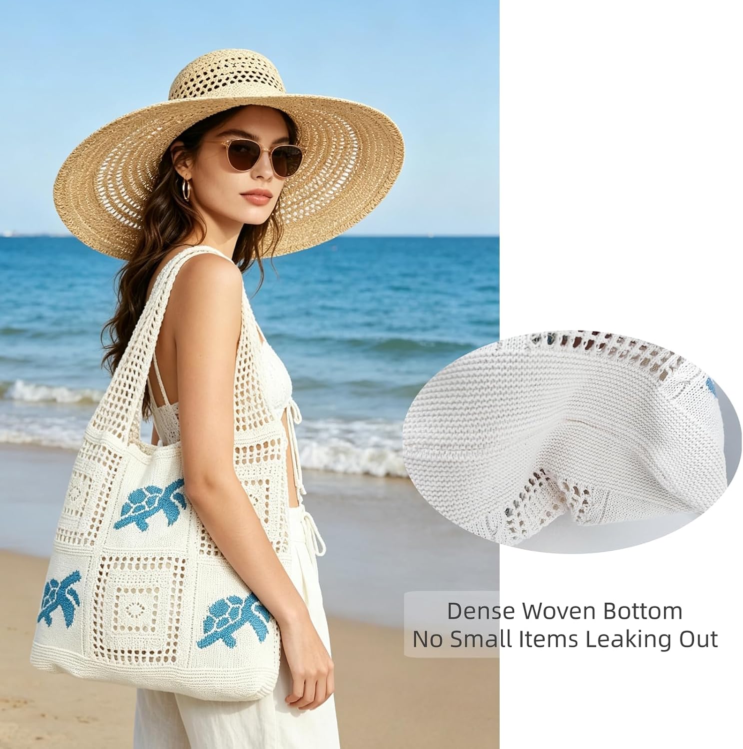 Crochet Knit Tote Bag for Women, Starfish Boho Mesh Shoulder Bag, Summer Beach Vacation Travel Handbag