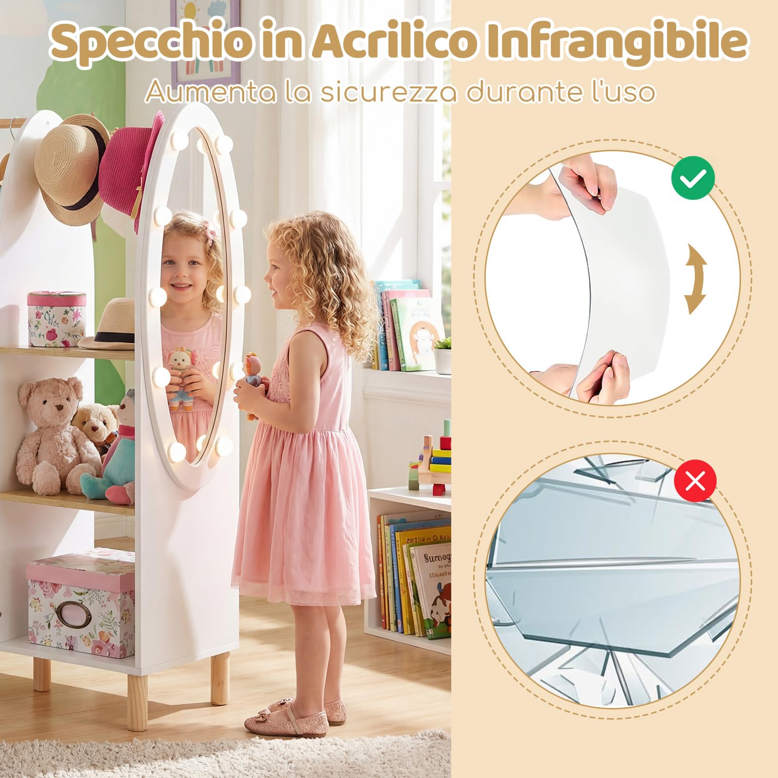 COSTWAY Guardaroba per Bambini, Armadio Gioco con Specchio e Luci, Guardaroba Aperto con Ripiani e Ganci, Organizer per Stanza e Camera da Letto, 91x28x110 cm