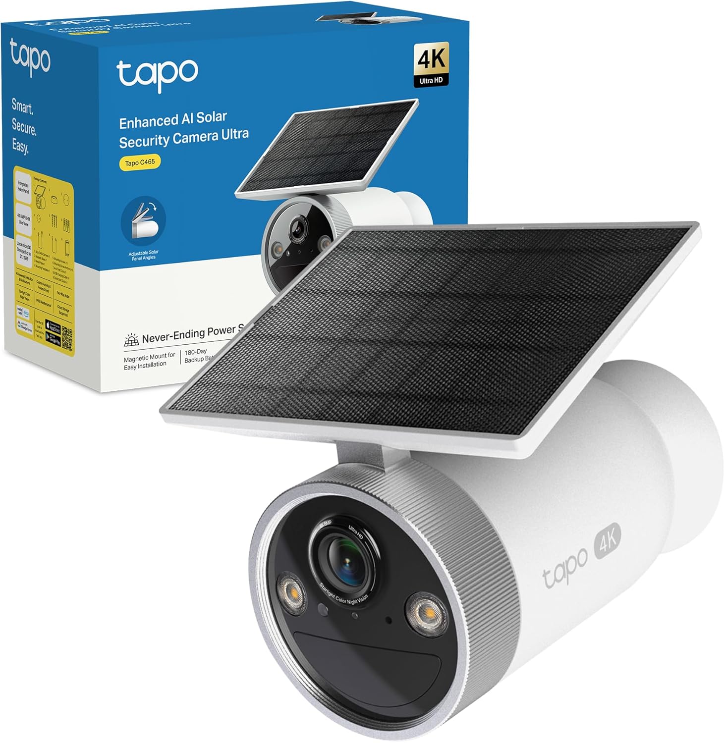 Tapo C465 Telecamera WiFi Esterno 4K 8MP con Pannello Solare Integrato, Batteria 7800mAh, Base Magnetica con Antifurto, Rilevamento AI, Visione Notturna a Colori Starlight, WiFi 2,4/5GHz, IP
