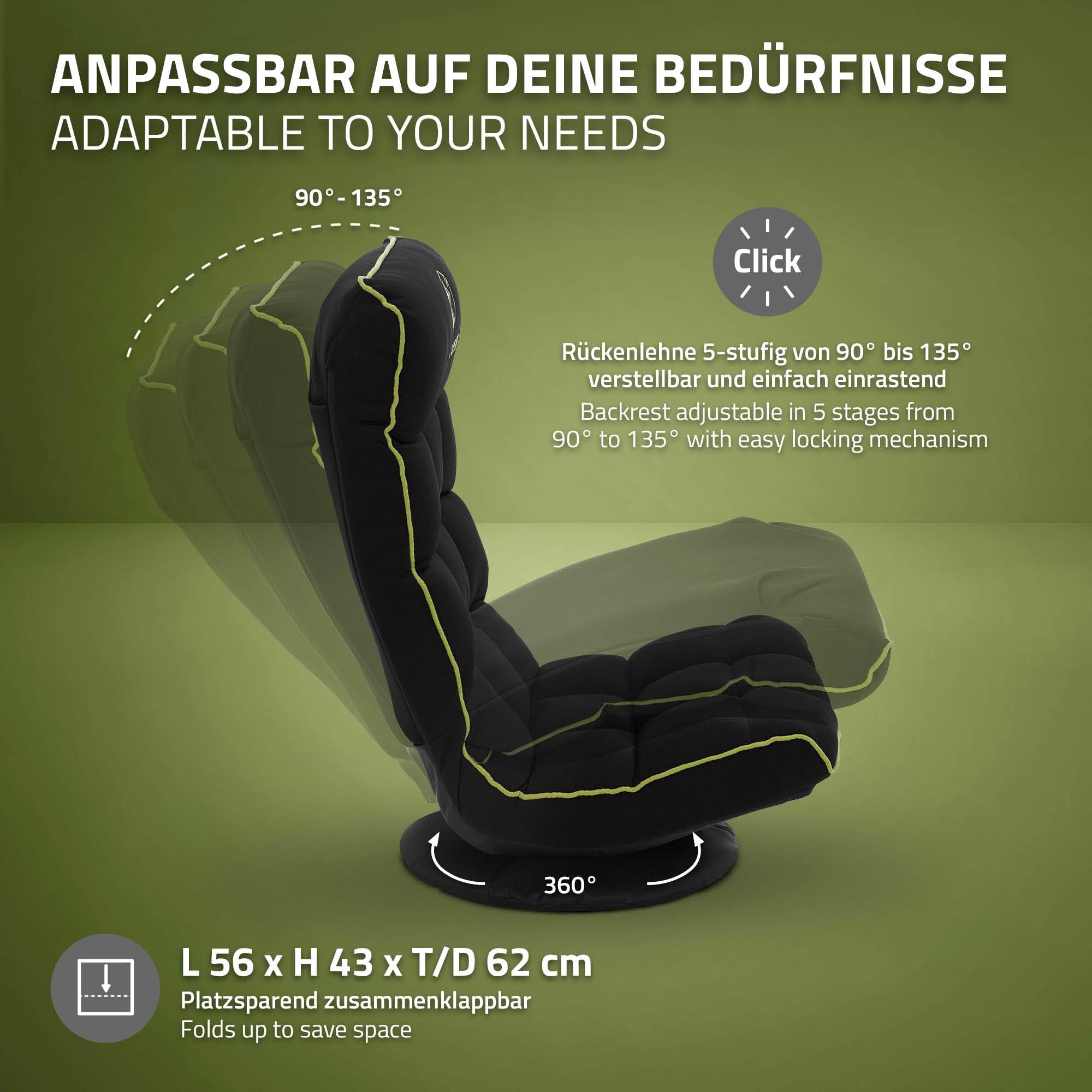 ML-Design Fauteuil de Sol Gaming Noir-Vert, Pivotant 360°, Modèle de Jeu Pliable avec Appui-Tête, Dossier Réglable et Rembourré, Siège Multi-Positions Relaxant, Confort pour Lounge Salon ou Chambre