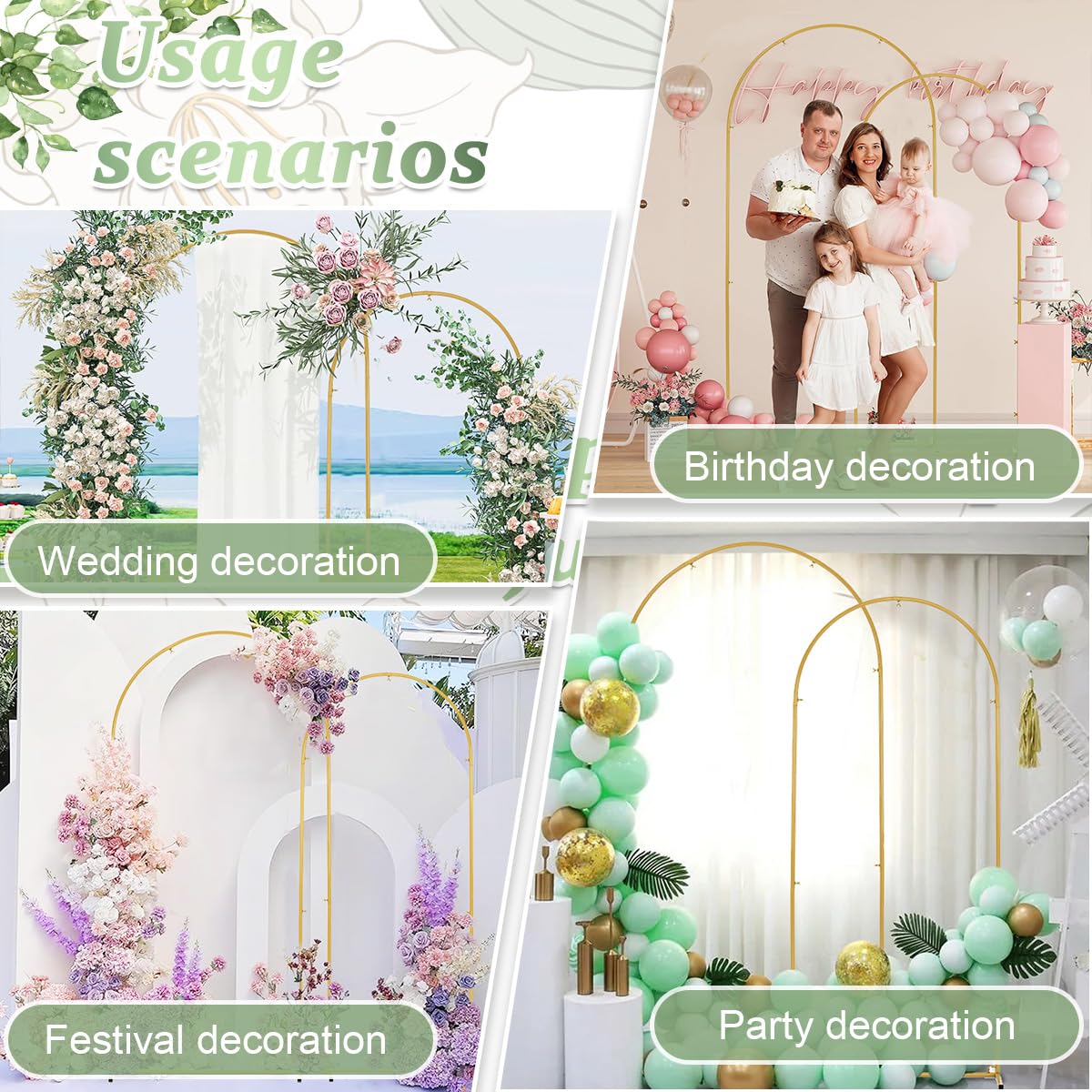 Lot de 2 supports d'arche de fond en métal de 2 m et 1,8 m - Cadre de ballons arqué pour cérémonie de mariage, fête d'anniversaire, fête prénatale, anniversaire de mariage, remise de