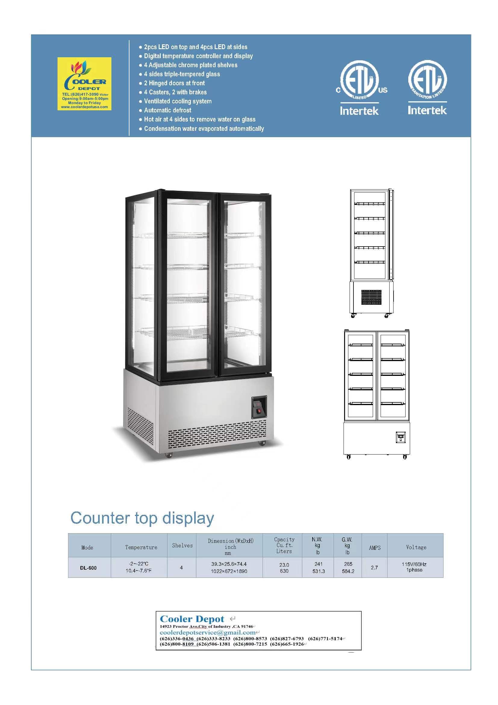 Commercial Freezer Glass 2-door 4 side transparent 23cu.ft Upright NSF DL-600F on Fridge.com