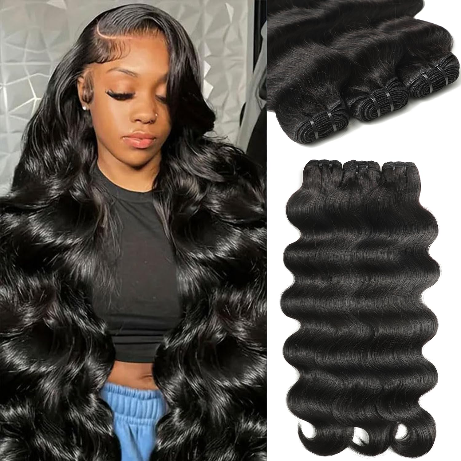 12A Human Hair Bundles 16 18 20 Inch Body Wave Bundles Human Hair 100% Unprocessed Brazilian Virgin Hair 3 Bundles Human Hair Extensions Quick Weave Natural Black