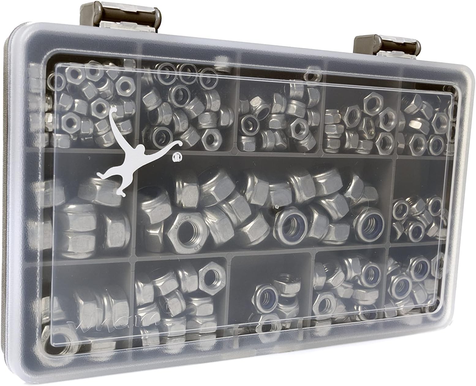 230 Assorted Nyloc Lock Nuts. A2-70 Stainless Steel M3, M4, M5, M6 & M8. in a Durable Compartment Box.