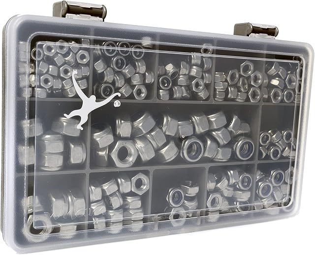 230 Assorted Nyloc Lock Nuts. A2-70 Stainless Steel M3, M4, M5, M6 & M8. in a Durable Compartment Box.