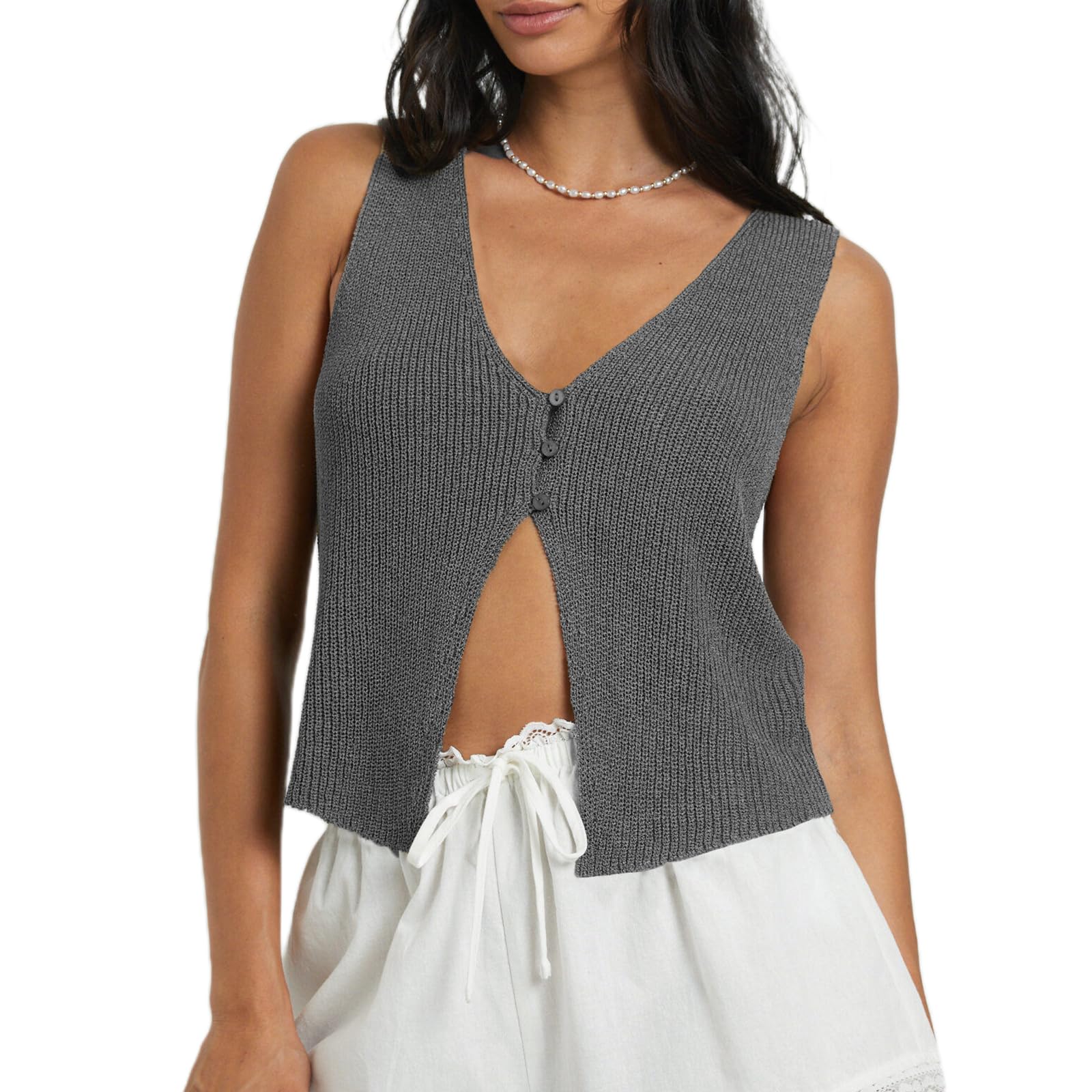 Faretumiya Women Y2k Button Down Crochet Knit Vest Sleeveless Hollow Out Crop Tops Vintage Casual V-Neck Versatile Streetwear
