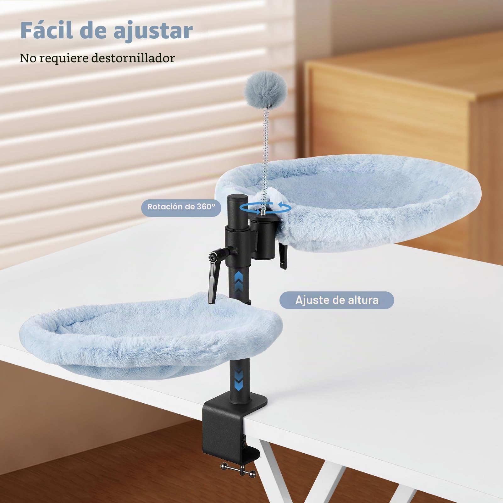 Odoland Cama para gatos para escritorio, hamaca ajustable giratoria de 360°, cómoda cama de escritorio suave para gatos con 2 telas lavables para todas las estaciones (gris)