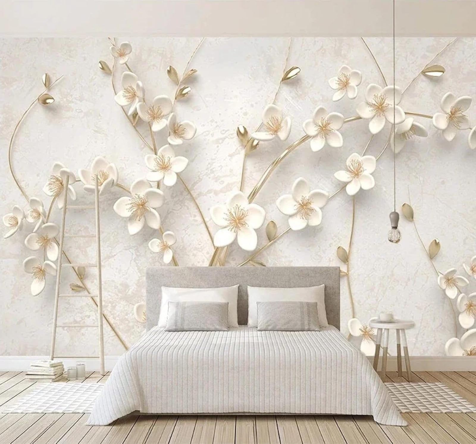 XLMING Beautiful Relief White Plum Blossom Gold Three Dimensional 3D Wallpaper Luxury Silk Study Dining Feature Sofa Grey Bedroom Living Room Tv Decorative Wall-250cm×170cm