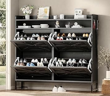 DWVO Rustic Oak 4-Tier Flip Shoe Storage Cabinet – Stylish Organizer for 24 Pairs with Metal Legs, Entryway, Living Room, and Hallway (Dark Rustic Oak)