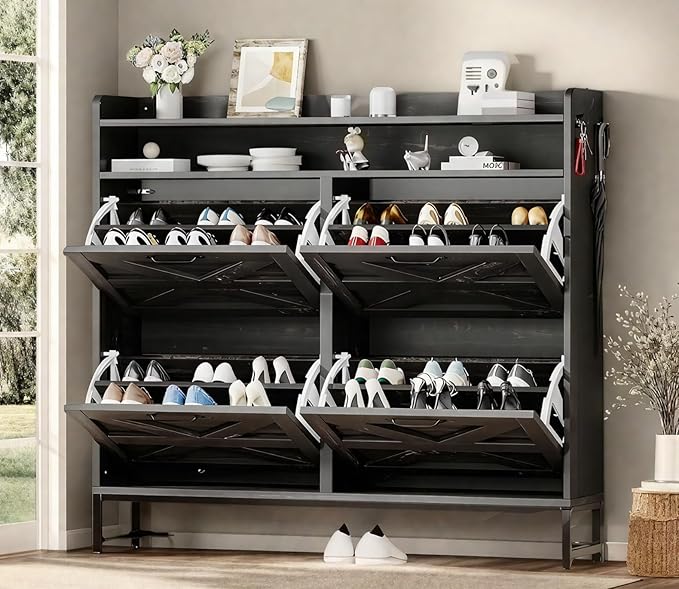 DWVO Rustic Oak 4-Tier Flip Shoe Storage Cabinet – Stylish Organizer for 24 Pairs with Metal Legs, Entryway, Living Room, and Hallway (Dark Rustic Oak)