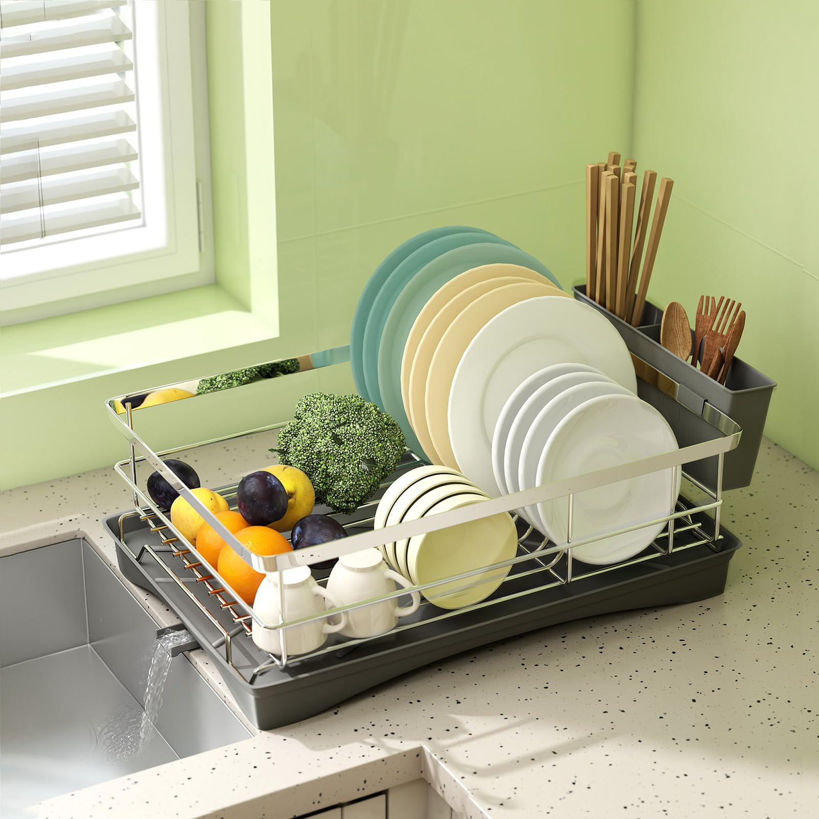 Levede Silver And Grey Dish Drainer Rack – Space-Saving Dish Drainer With Drainboard For Small Kitchens, 360° Rotating Drain Spout, Cutlery Holder, Stainless Steel, Rustproof