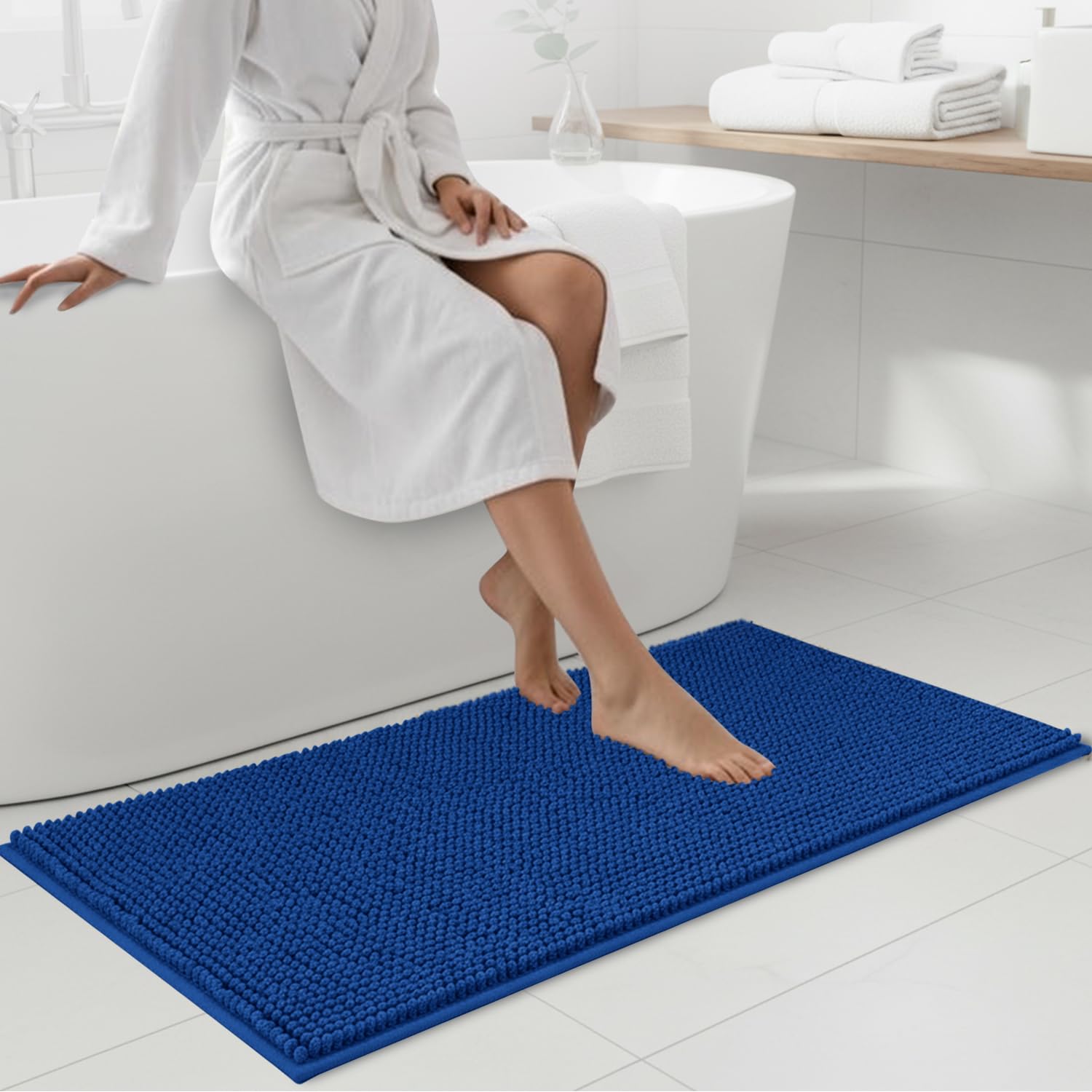 Hafaa Bath Mat Non Slip Anti Mould – Navy Chenille Bathroom Mat 60 x 90 cm Machine Washable Bath mats Super Absorbent Extra Soft Fluffy Shower mat