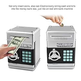 Setibre Piggy Bank, Electronic ATM Password Cash Coin Can Auto Scroll Paper Money Saving Box Toy Gift for Kids (Silvery)