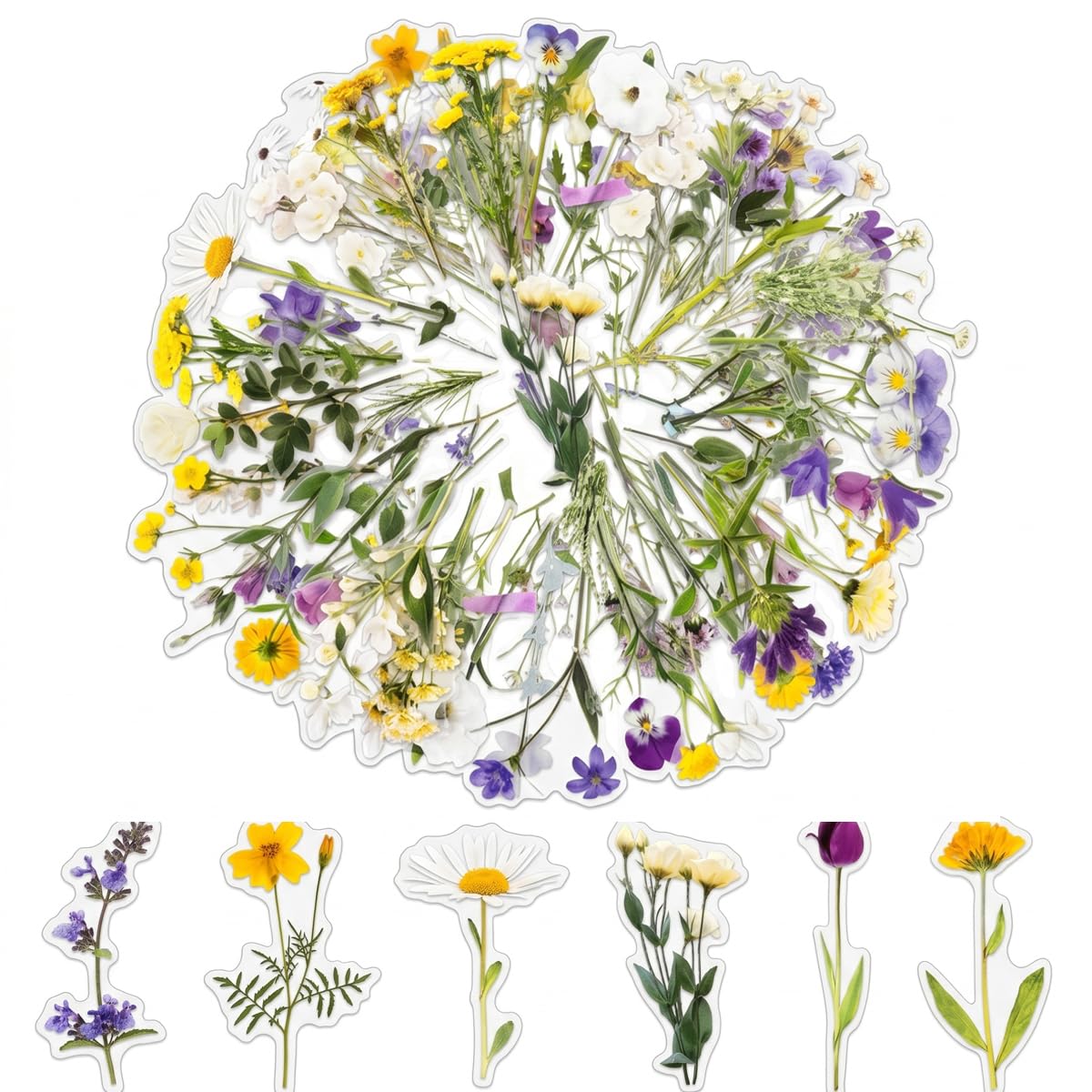 120Pcs Flower Stickers, Self-Adhesive Natural Flowers Aesthetic Scrapbook Stickers, Transparent Waterproof Decorative Floral Stickers Set for Scrapbook Supplies, Journal, DIY Craft (Morning Bloom)