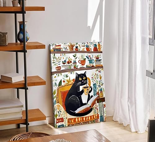 Miniatura 5 de Lienzo enmarcado divertido de gato negro, arte de pared con gato negro bebiendo café, decoración de pared, lindas mascotas y gatos, póster de