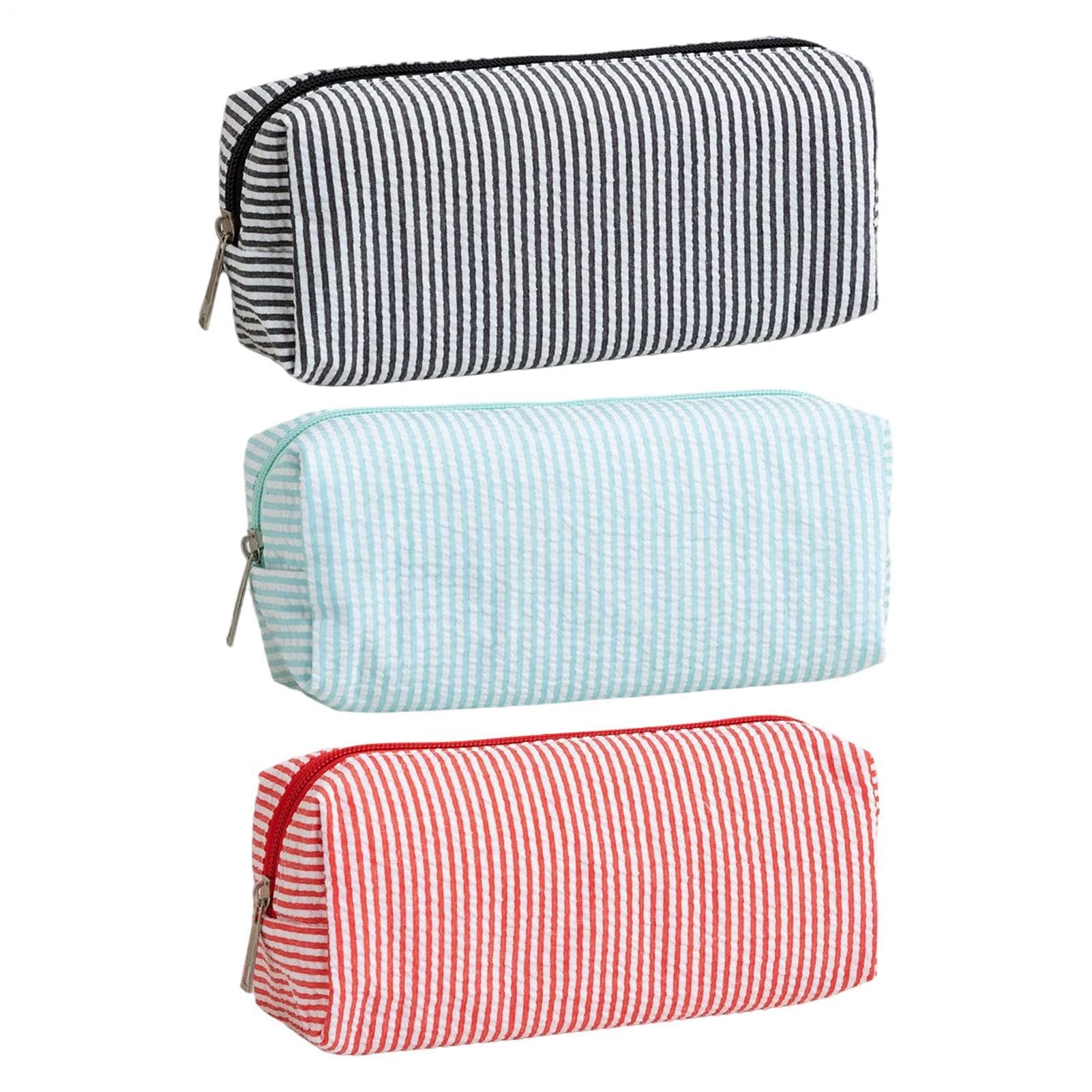3PCS Pencil Case, Seersucker Pencil Pouch Zippered for Stationery Make Up