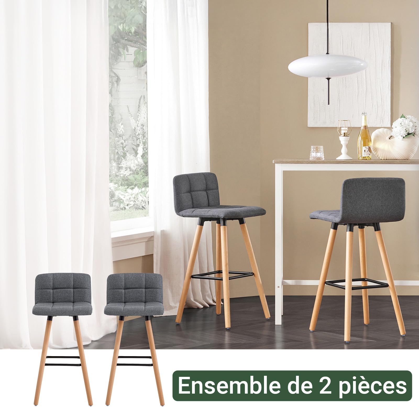 SoBuy Lot de 2 Tabourets de Bar, Assise Courbe rembourrée 68cm, 44x92x44cm