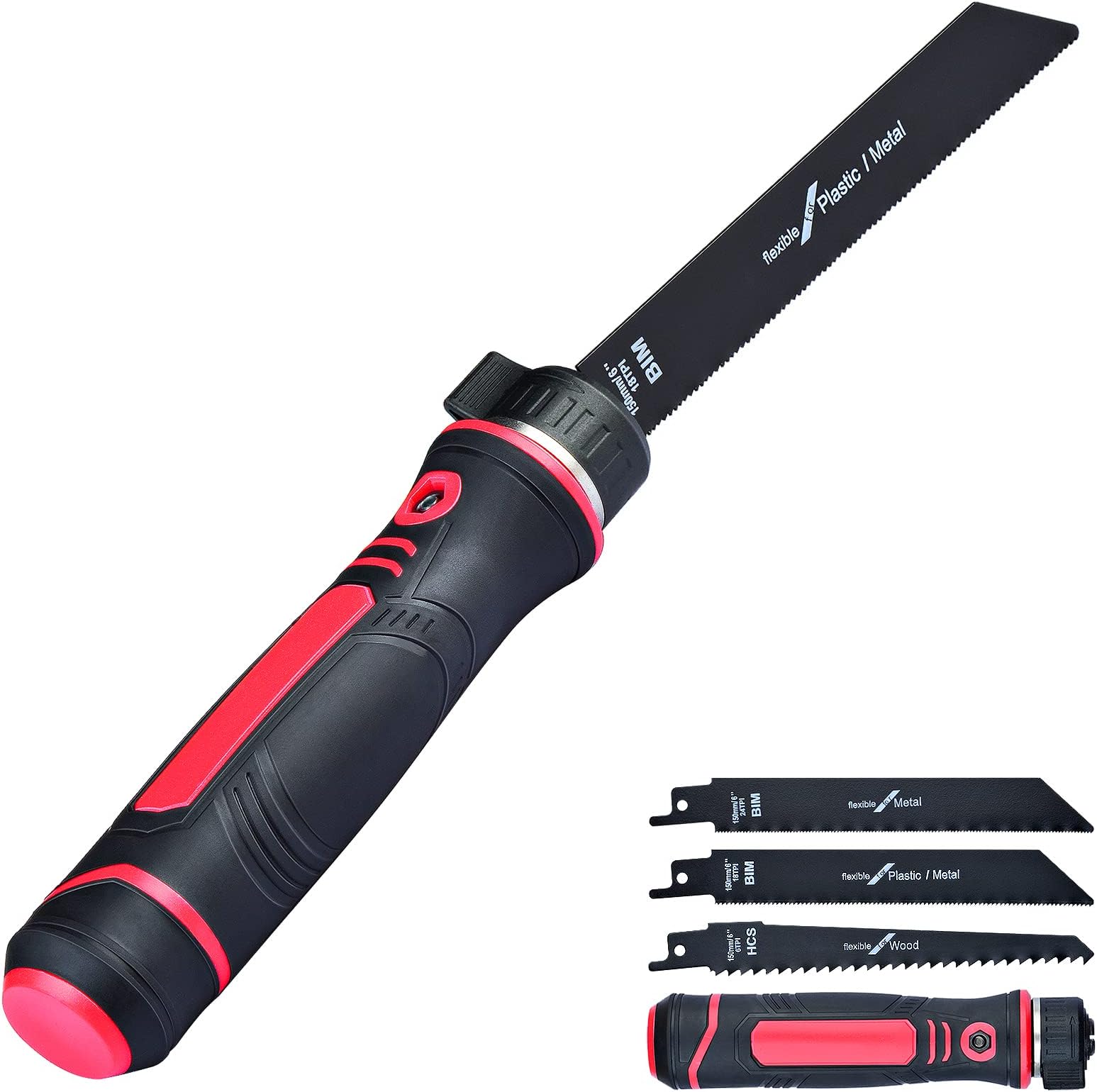 GS Tools 3 In 1 Adjustable Blade Hand Saw, 6-Inch Jab Saw Including Bi-Metal and Wood Blades, Manual Operation Perfect for Cutting Metal, Drywall, Plywood and Plastic, Soft-Grip Handle for Him and Her