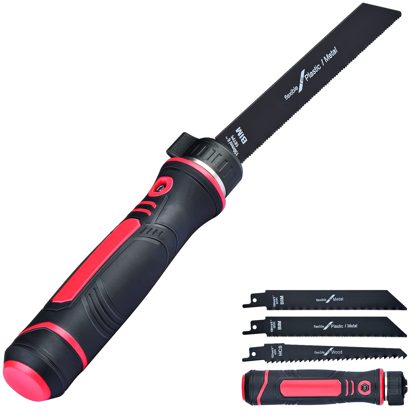 GS Tools 3 In 1 Adjustable Blade Hand Saw, 6-Inch Jab Saw Including Bi-Metal and Wood Blades, Manual Operation Perfect for Cutting Metal, Drywall, Plywood and Plastic, Soft-Grip Handle for Him and Her