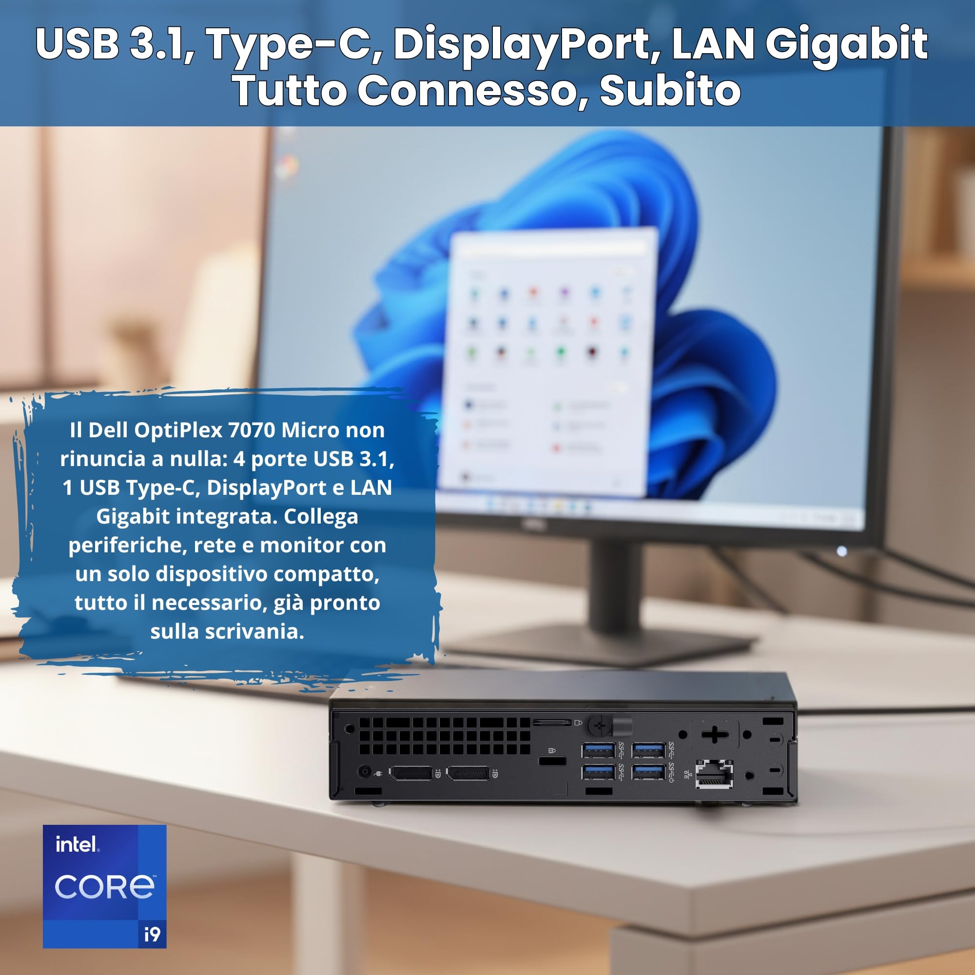 Bundle PC Dell OptiPlex 7070 Micro + Monitor Dell 27 Pollici Full HD | Intel Core i9 8 Core 16 Thread fino a 5.0 GHz | 16GB DDR4 | SSD NVMe 512GB | Windows 11 Pro | Garanzia 36 Mesi