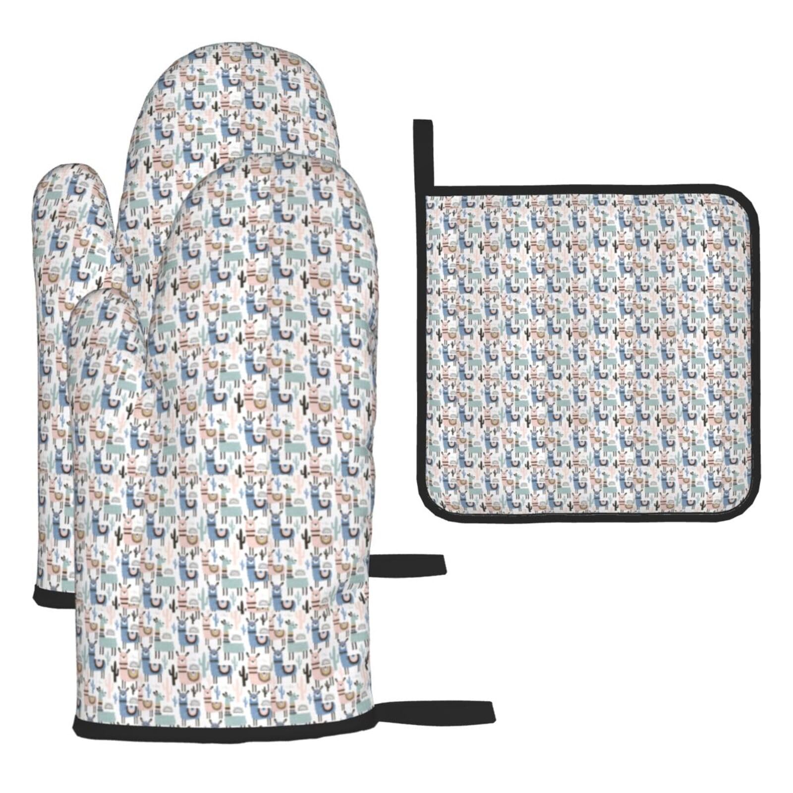 Llama Alpaca Cactus Print Oven Mitts Kitchen Gloves Set Everyday Baking Grilling Microwaving Cooking Gift