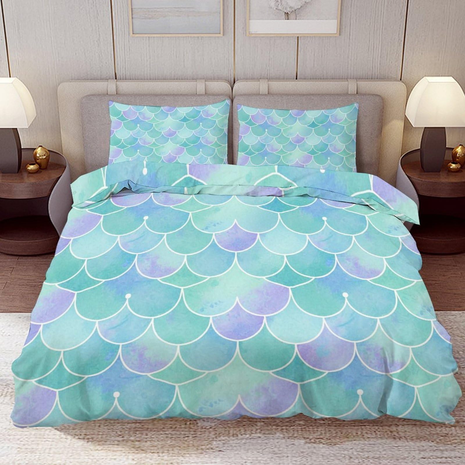 Delerain Comforter Cover Set King Size, Mermaid Fish Scale 3-Piece Bedding Set for Women Men Modern Soft Microfiber Bedroom Set Room Decor, 1 Duvet Cover + 2 Pillowcases