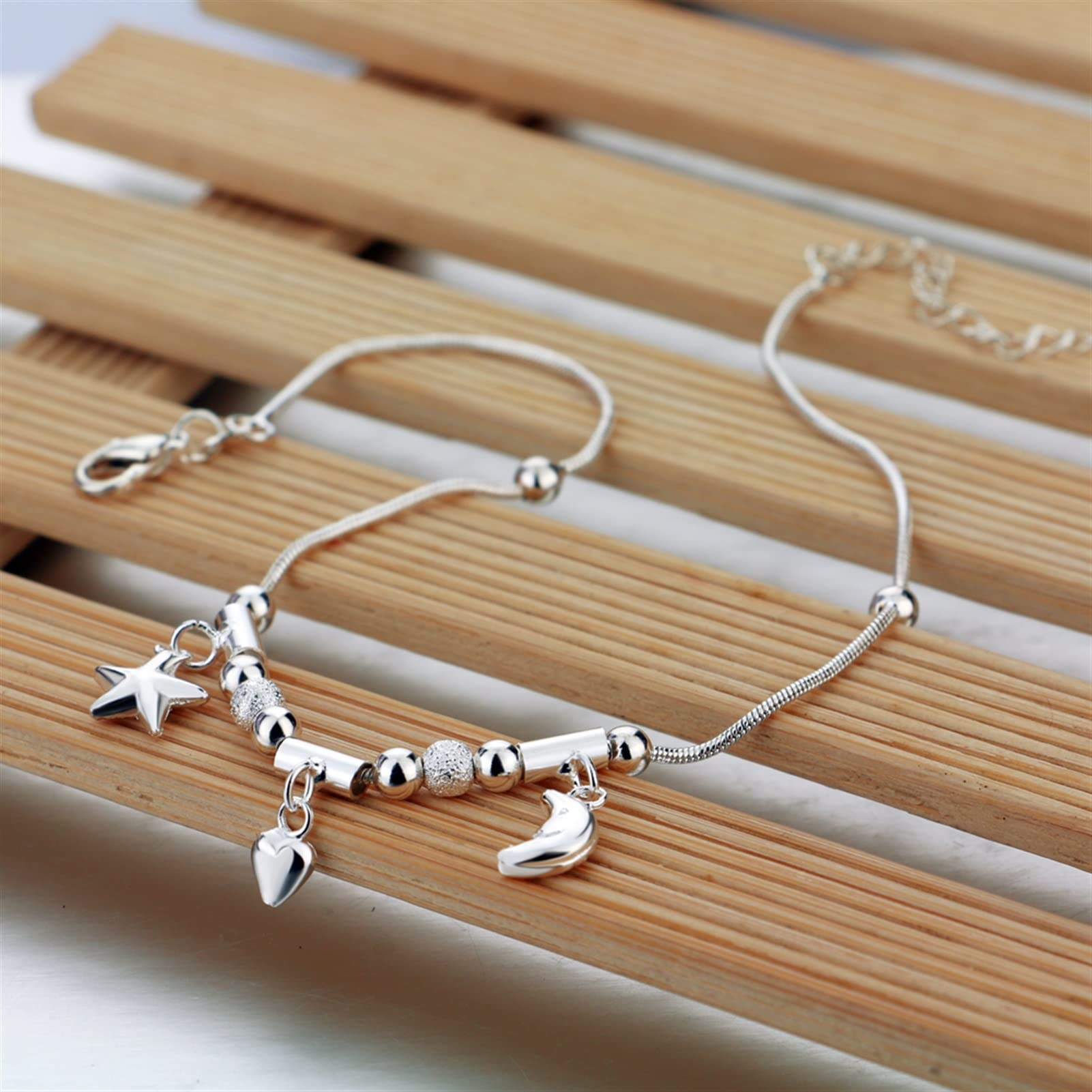 Braccialetti alla caviglia Dolci stelle semplici Cavigliera a forma di cuore di luna Bracciale in argento sterling 925 Ankel Beach Bracciale a catena per donna Gioielli da donna Cavigliere d