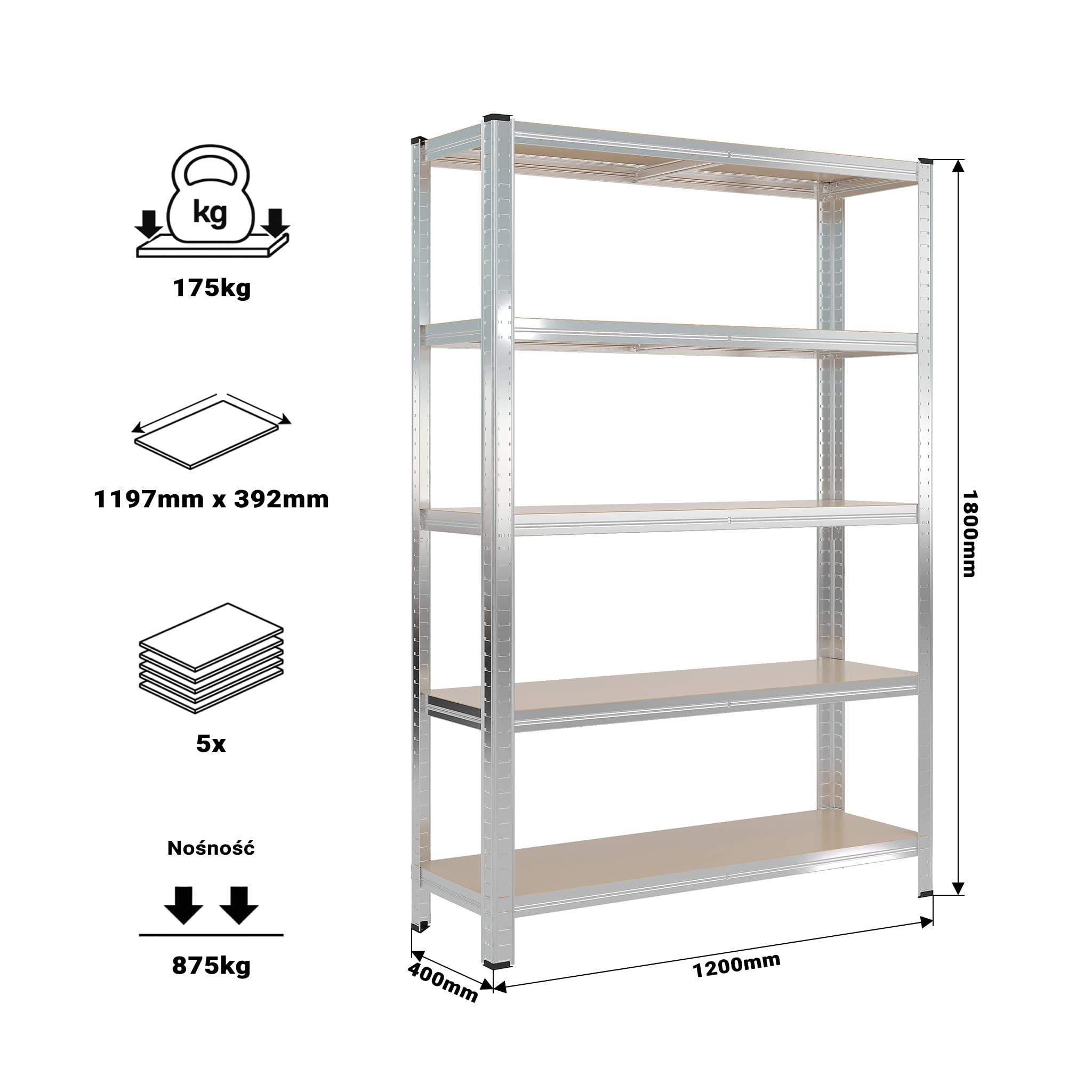 Wiltec Regał magazynowy 120x40x180cm, obciążenie całkowite 875kg, moduł wtykowy z ocynkowanej stali, stojak z 5 półkami, mebel warsztatowy