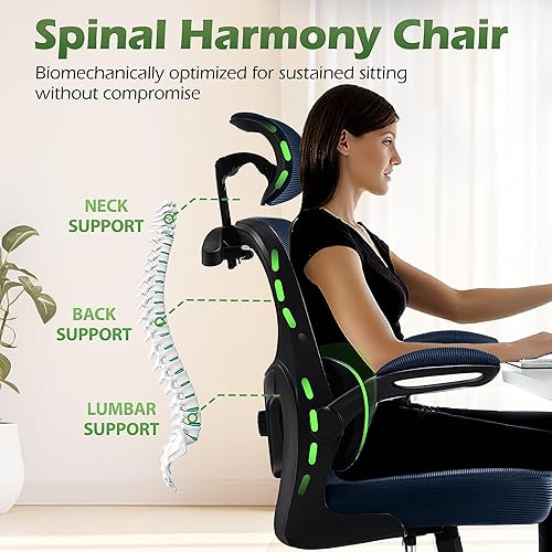 Miniatura 5 de Silla de oficina ergonómicas con soporte lumbar ajustable y colgador para reposacabezas, silla de malla transpirable de respaldo alto con ruedas,