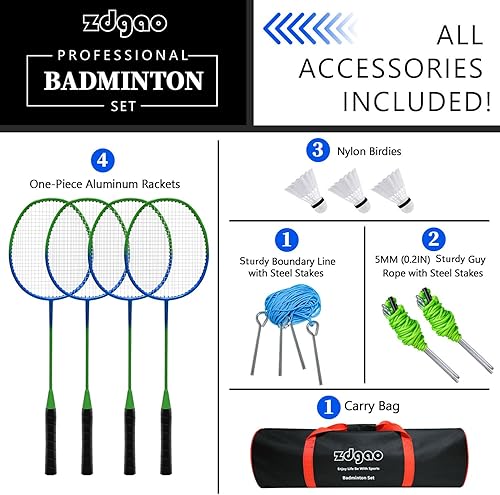 Miniatura 6 de Zdgao Badminton Set for Backyard with Net  Portable Outdoor Badminton Net with Winch System, 4 Badmitton Rackets, 3 Nylon Shuttlecocks, Boundary