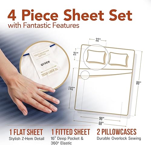 Miniatura 5 de TEXAS LINEN CO. Juego de sábanas de lujo de algodón egipcio Queen Stripe, 600 hilos, fibra extra larga, juego de 4 piezas, sábanas Queen azul marino