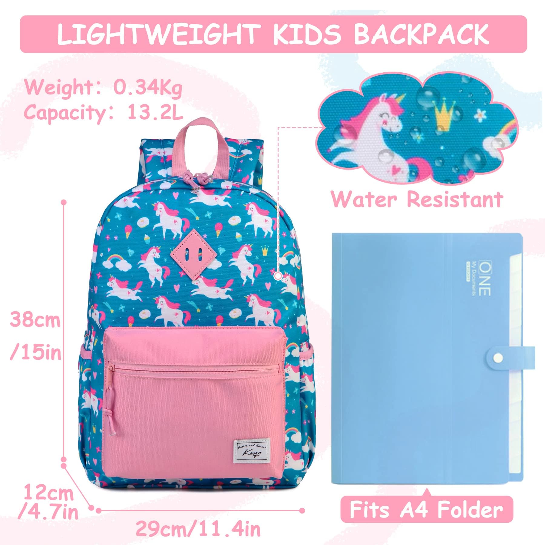 Mochila Escolar Infantil, 13L Mochila de Colegio para Niños y Niñas 4-7 años, Resistente al Agua, Apta para Carpeta A4, Correa de Pecho (Unicornio Azul)