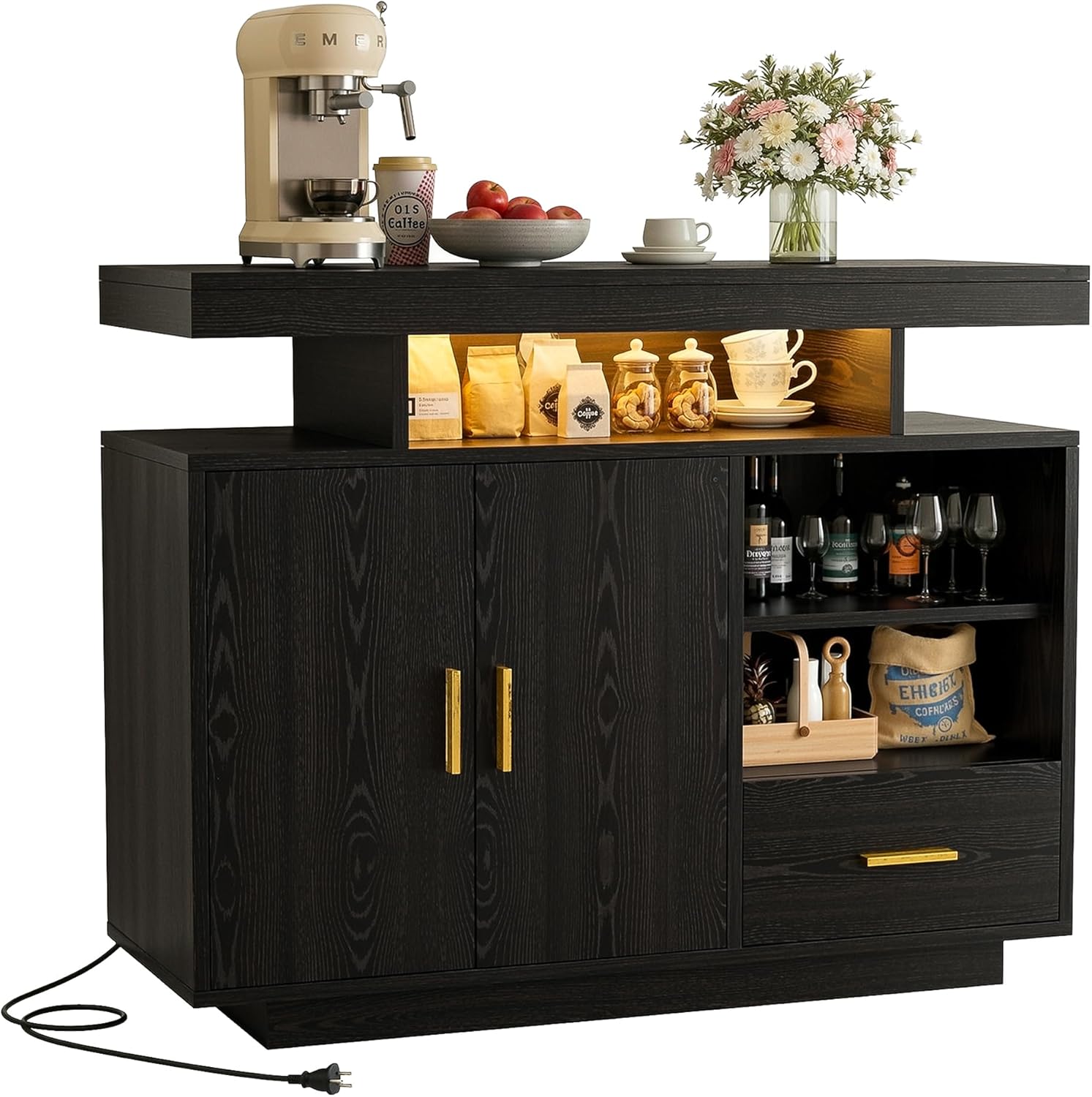IRONCK Buffet Cabinet, Sideboard Cabinet with Power Outlet and LED Light, Modern Storage Cabinet with Drawer, Coffee Bar Cabinet with Doors and Shelves for Kitchen, Black
