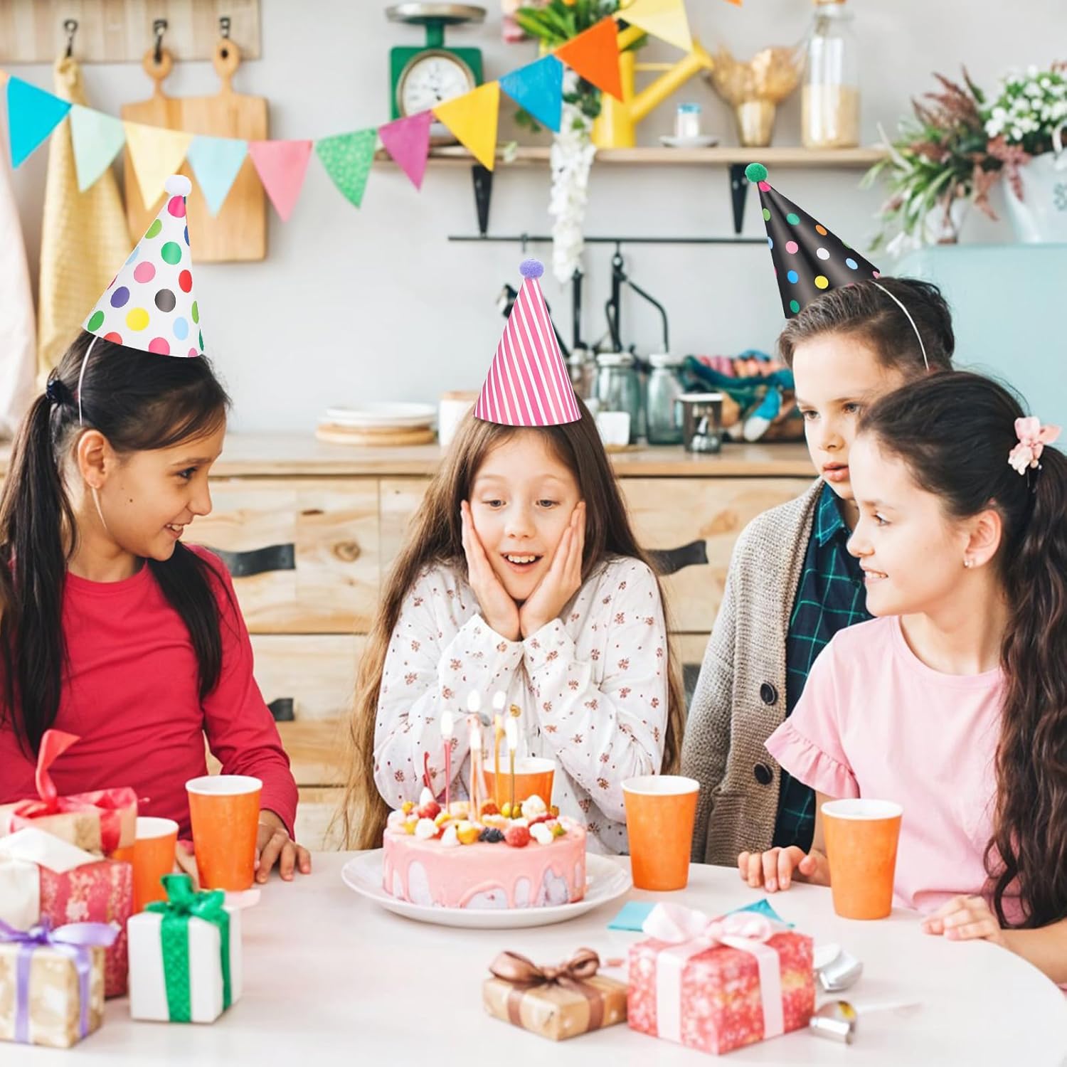 Bremorou 11 Pcs Party Hats Birthday Pastel Themed Mini Party Hats Set Includes Adorable Parties Cone Hat with Pom Poms and Gold Crown Hat Paper Crowns Colorful for Pet Adult Birthday Parties Decor