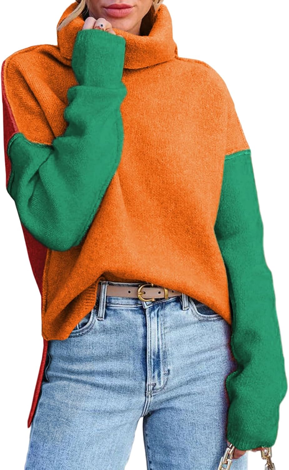 Dokotoo Womens Turtleneck Sweaters Casual Long Sleeve Color Block Side Slit Pullover Knit Jumper Tops