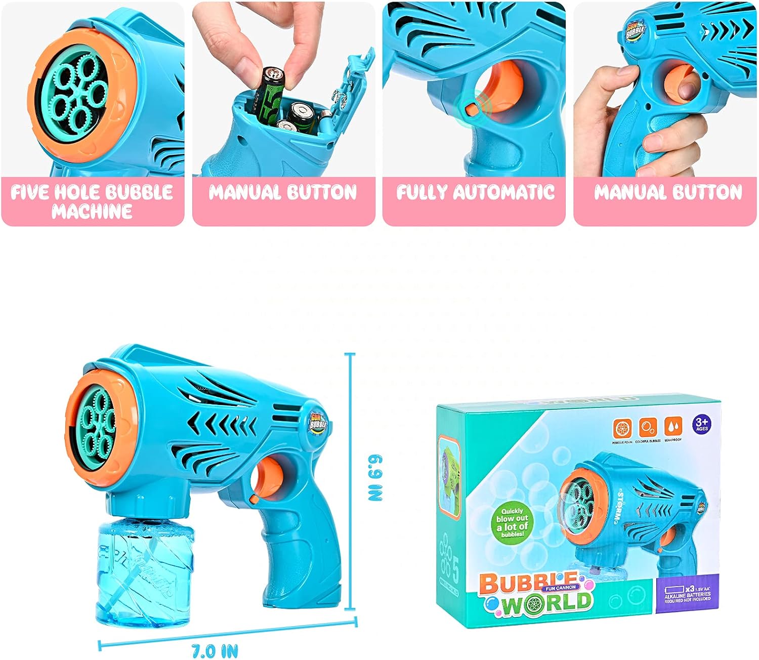 Chak’s Choice Kids Bubble Machine Bubble Gun Toys for Age 3+ Toddlers Automatic Portable Bubble Machine 1200+ Bubbles Per Minute Boys Girls Baby Bath Toys Indoor Outdoor Party Needed 3 AA Batteries