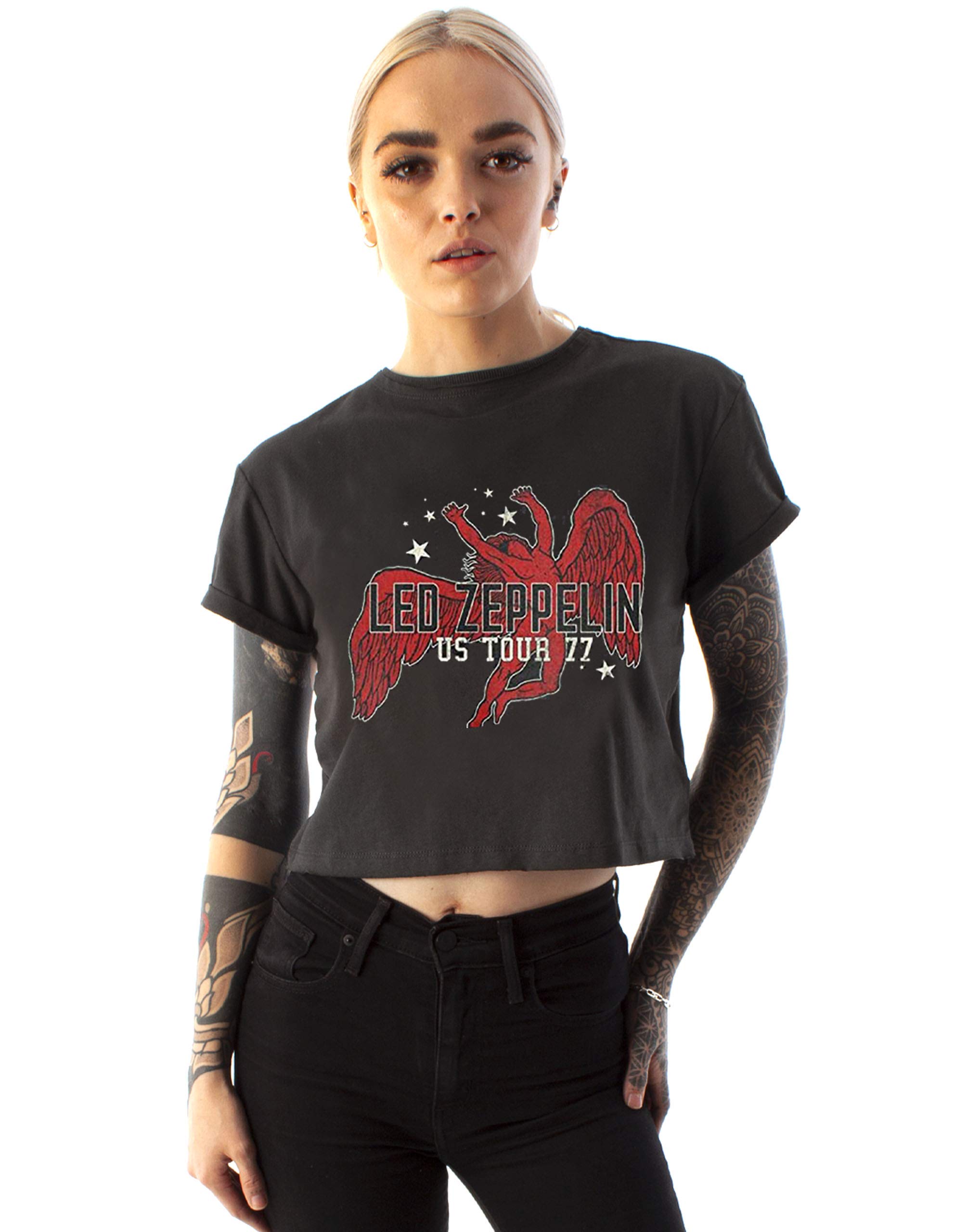 Official Women's Charcoal Led Zeppelin T-Shirt Icarus Tour 77 Amplified Band Cropped Top